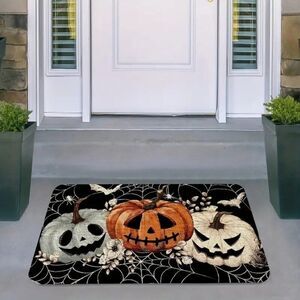 Halloween Doormat - Cute Black Pumpkins & Spider Web Design 23.62x35.43